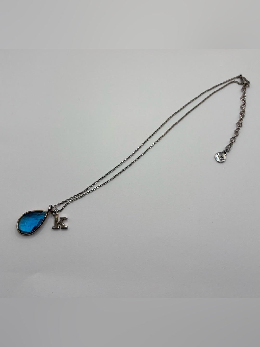 Bella Jack Silver Tone Chained Blue Gem Pendant Necklace Name Initial Letter K.